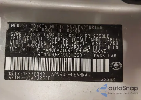 2009 Toyota Camry Le из США, поврежденный, VIN 4T1BE46K49U313631